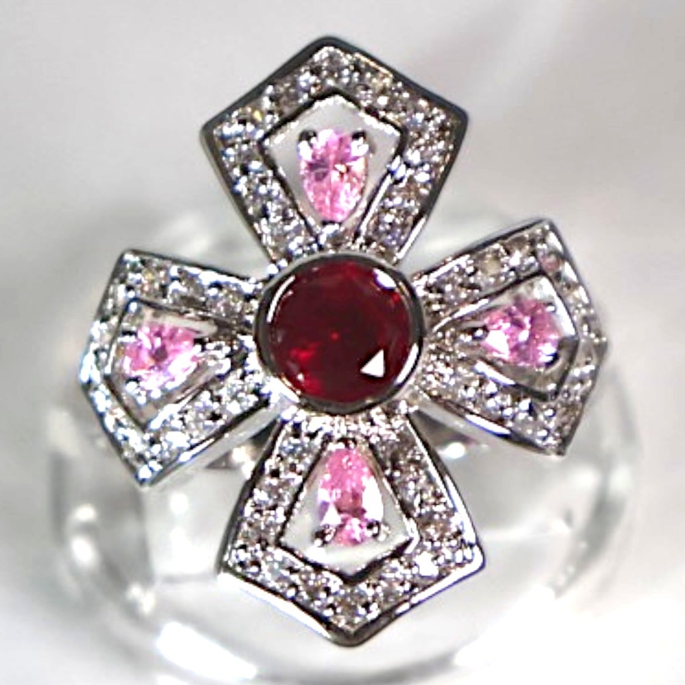 Swarovski Crystal Cross Ring Red Pink Sterling Silver Overlay Size 8 New